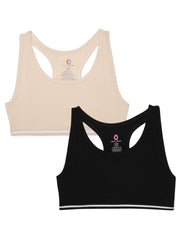 Girls Beginners Sports Bra Beige and Black (Pack of 2)