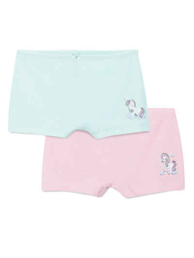 Girls Shorties -  green & pink unicorn print - Pack of 2